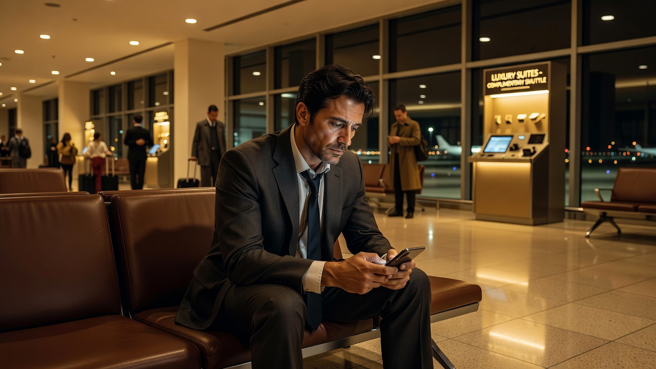 Editorial photo of a tired business traveler at an airport arrivals hall at night, looking at their smartphone, warm ter