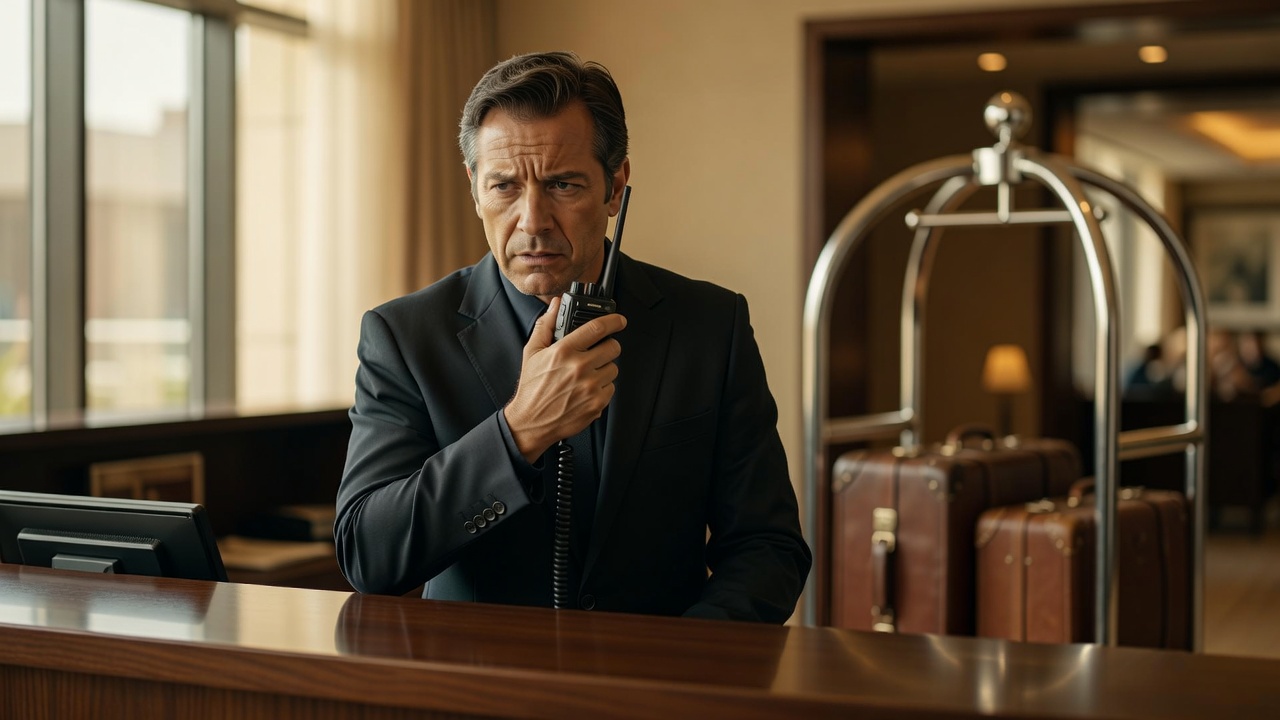 Hotel front desk agent speaking into a radio handset with a frustrated expression, luggage cart visible in background, w