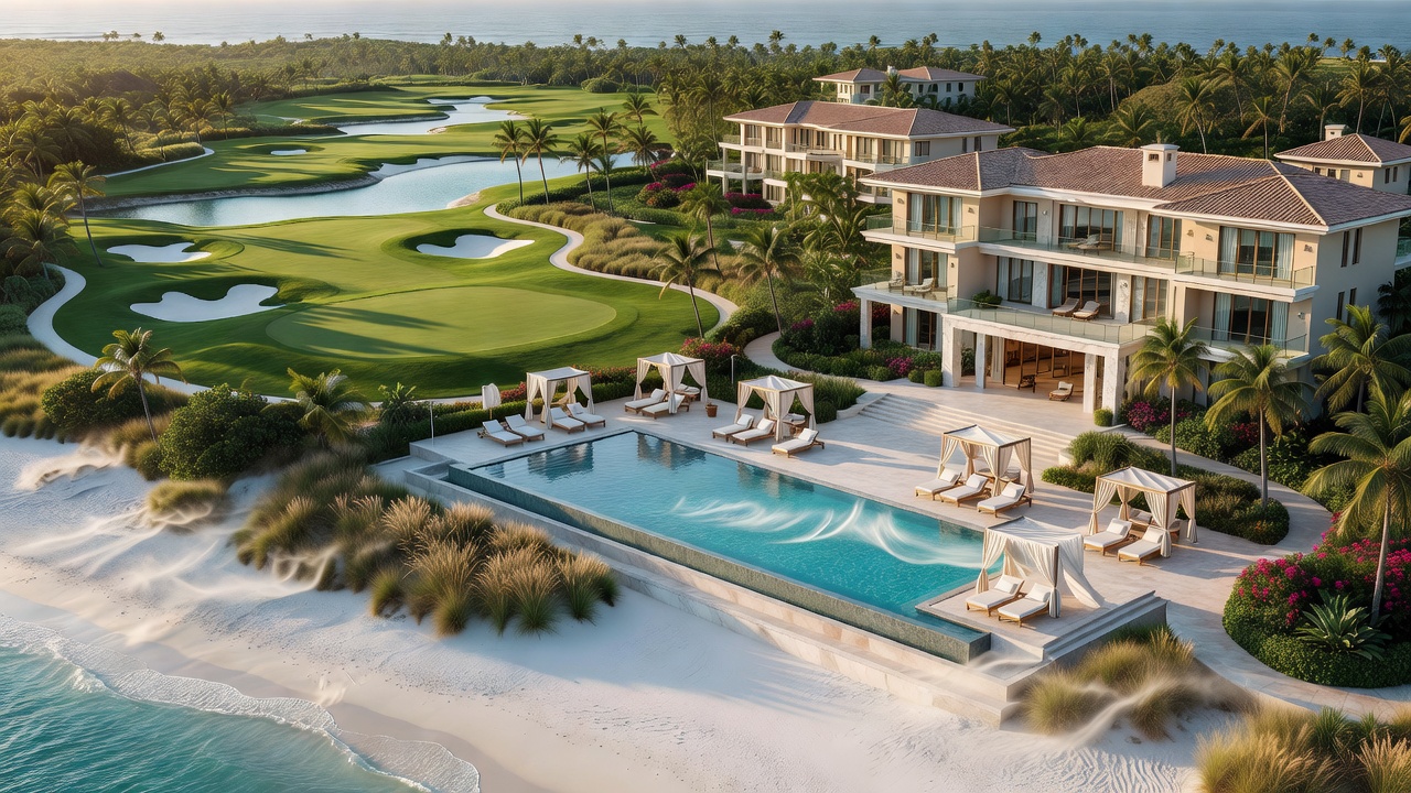 Aerial editorial photograph of a luxury resort property with golf course, beach club and main building connected by wind