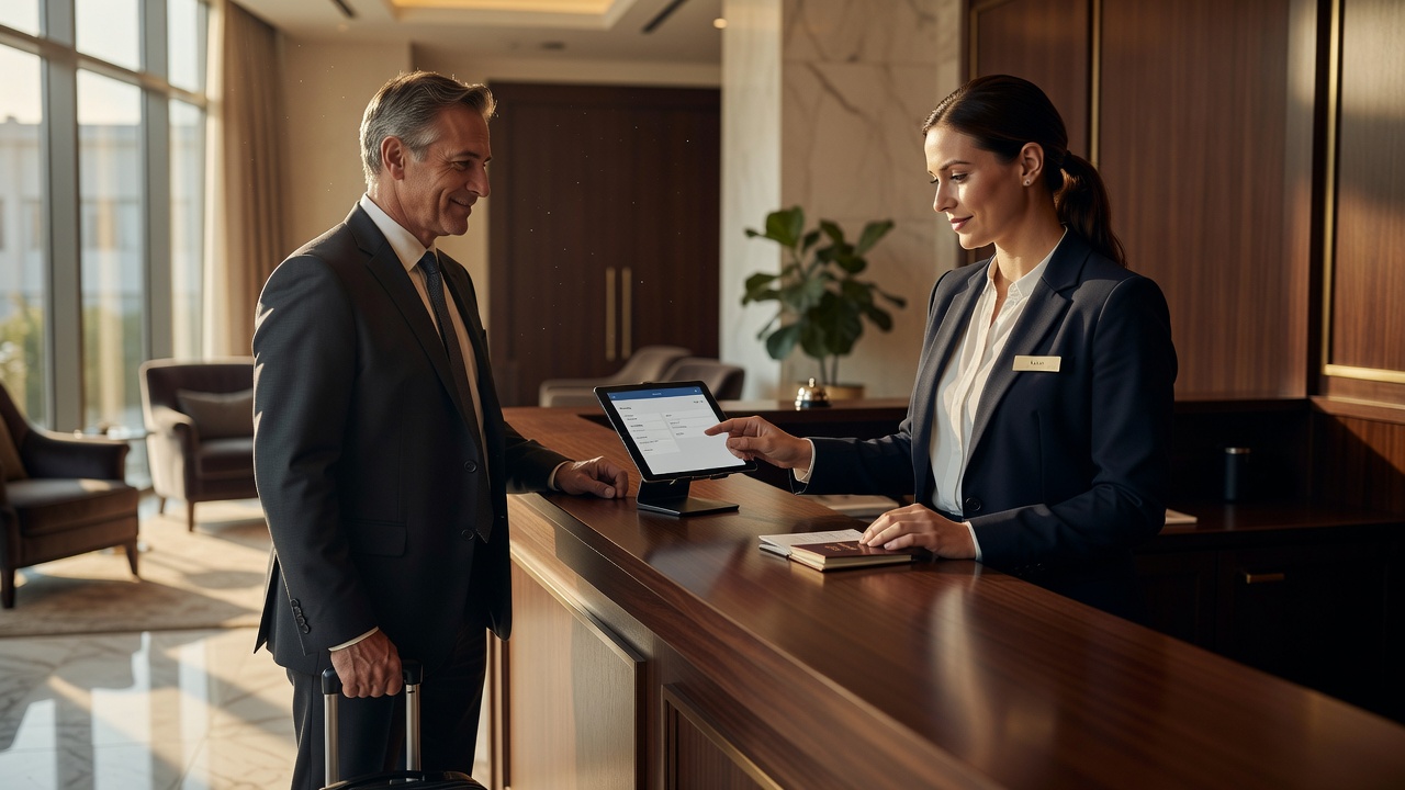 Hotel front desk staff member helping a guest check in while glancing at a tablet mounted at the desk — warm editorial p